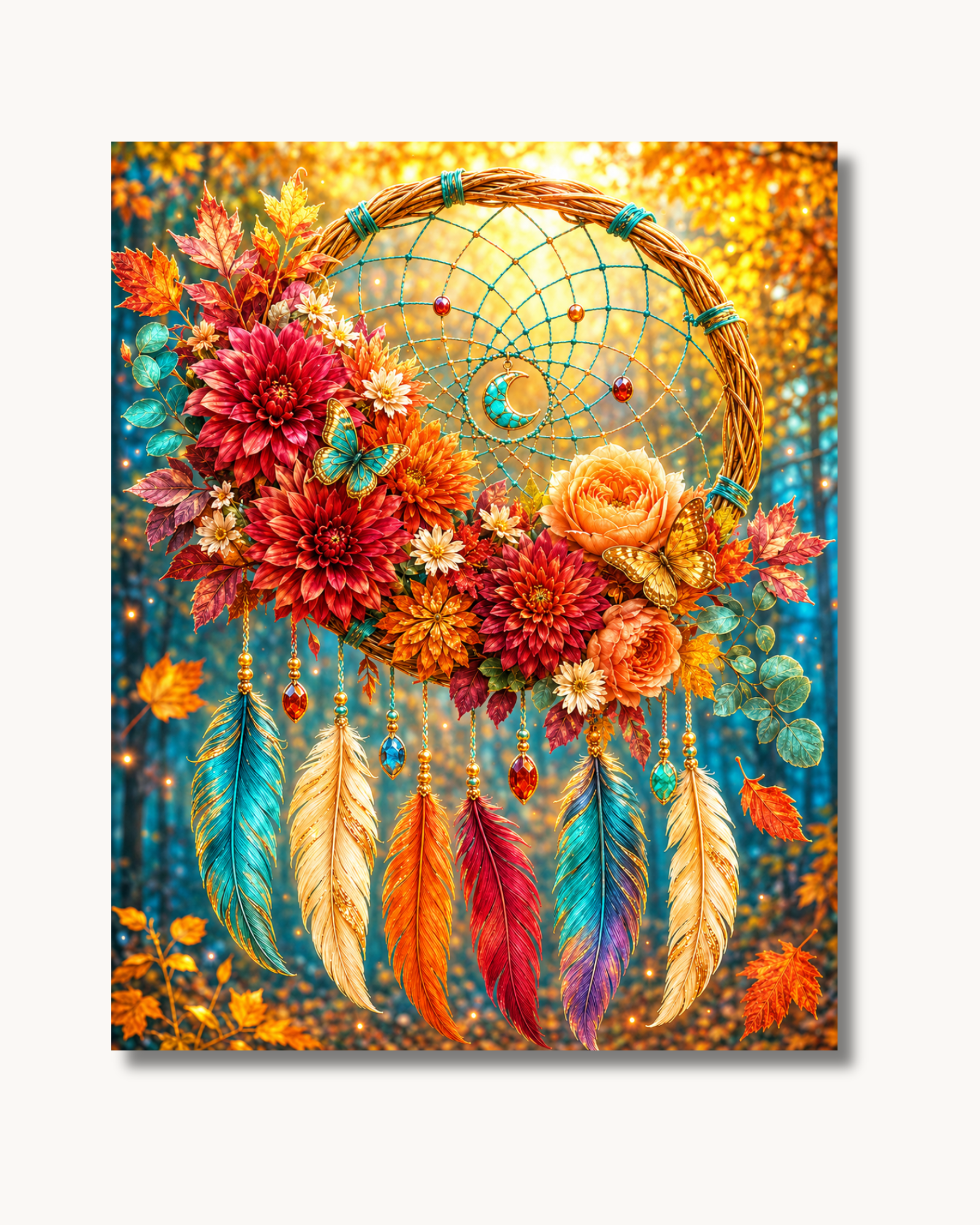 Diamond Memories Diamond Painting Traumfänger im goldenen Herbstlicht, Mosaikbausatz mit bunten Edelstein-Details, 40x60 oder 50x70 cm