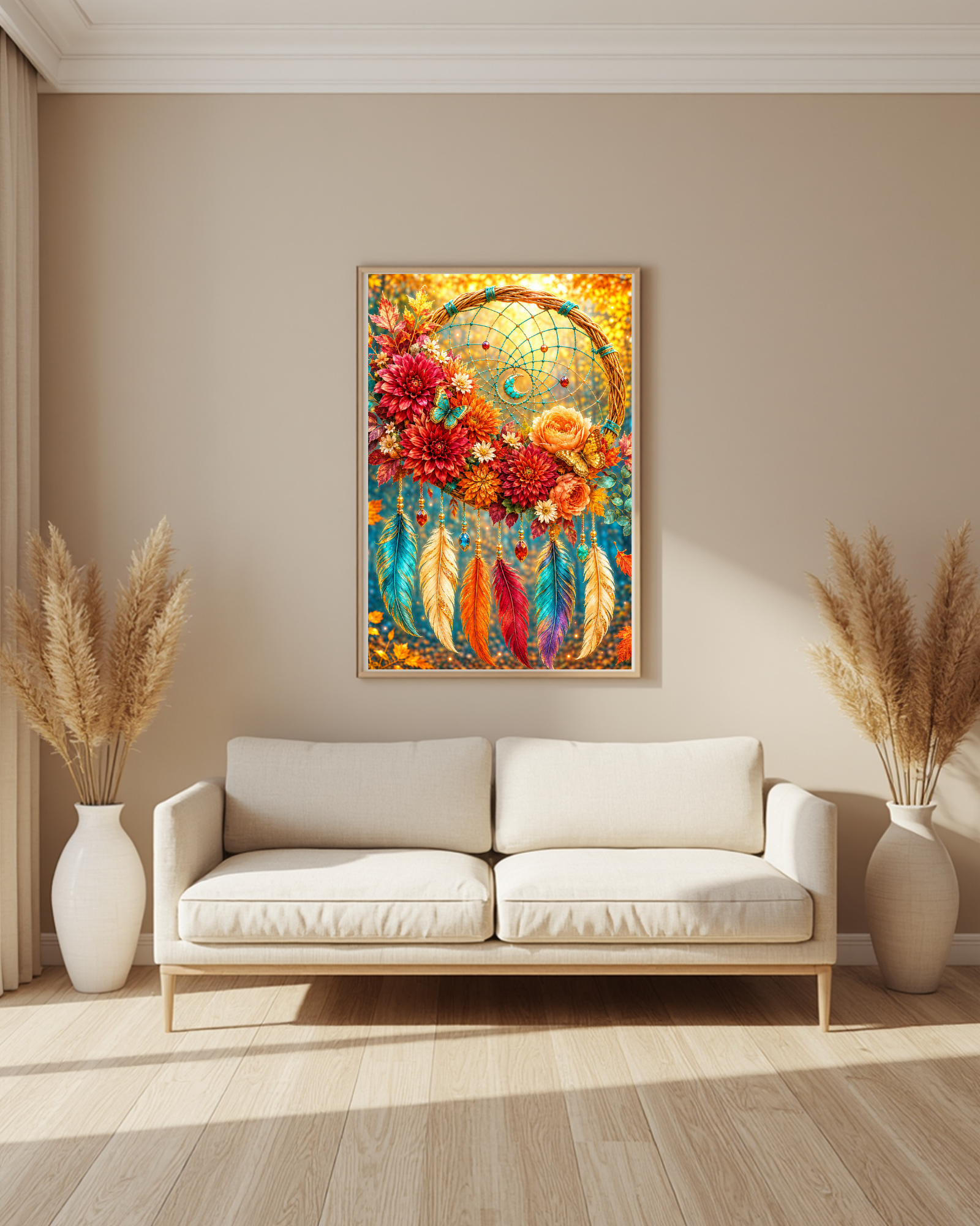 Diamond Memories Mosaikbausatz Diamantmalerei Traumfänger im goldenen Herbstlicht, inklusive Zubehör, 40x60 und 50x70 cm
