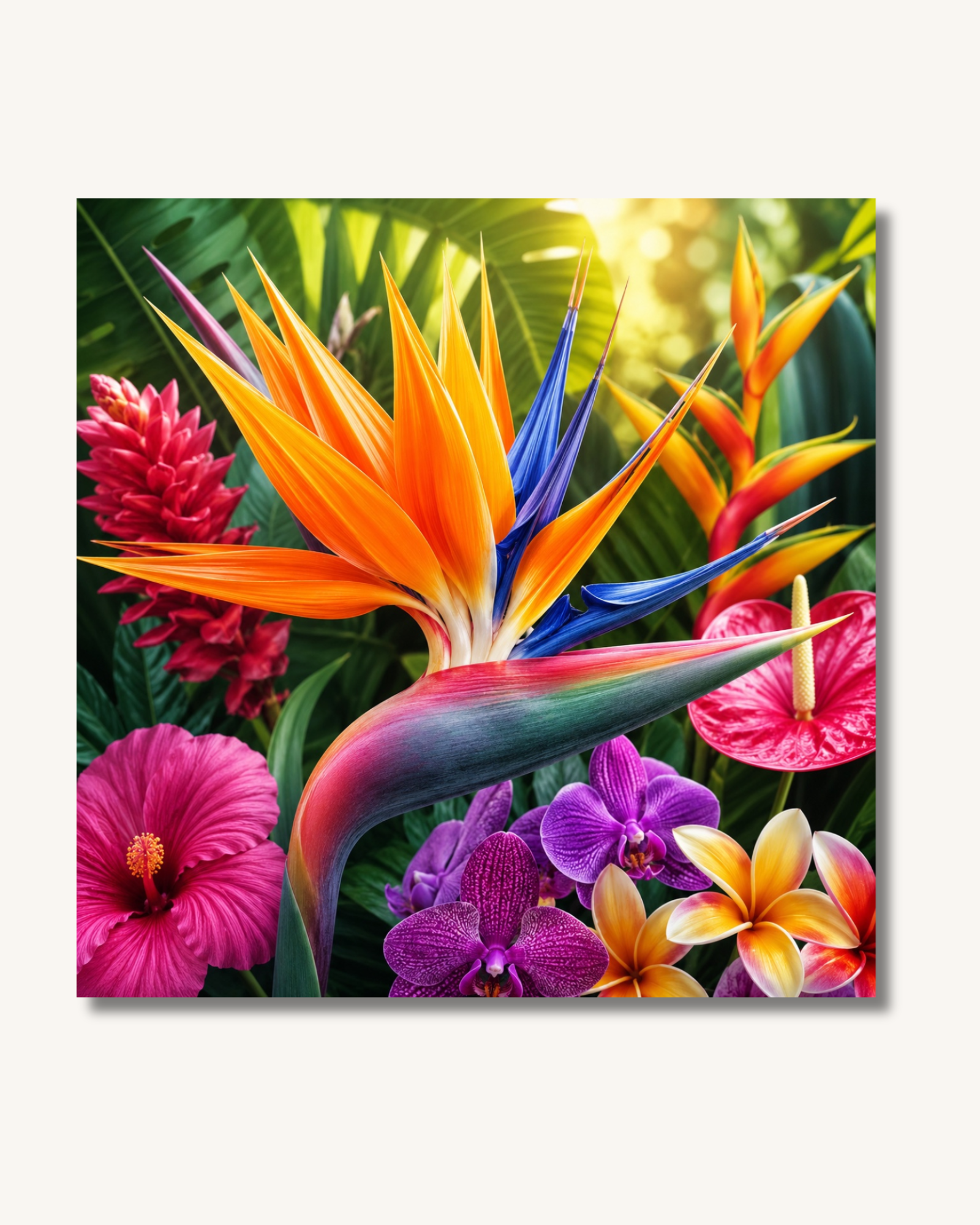 Diamond Painting exotische Strelitzie mit tropischen Blumen in leuchtenden Farben und funkelnden Spezialsteinen