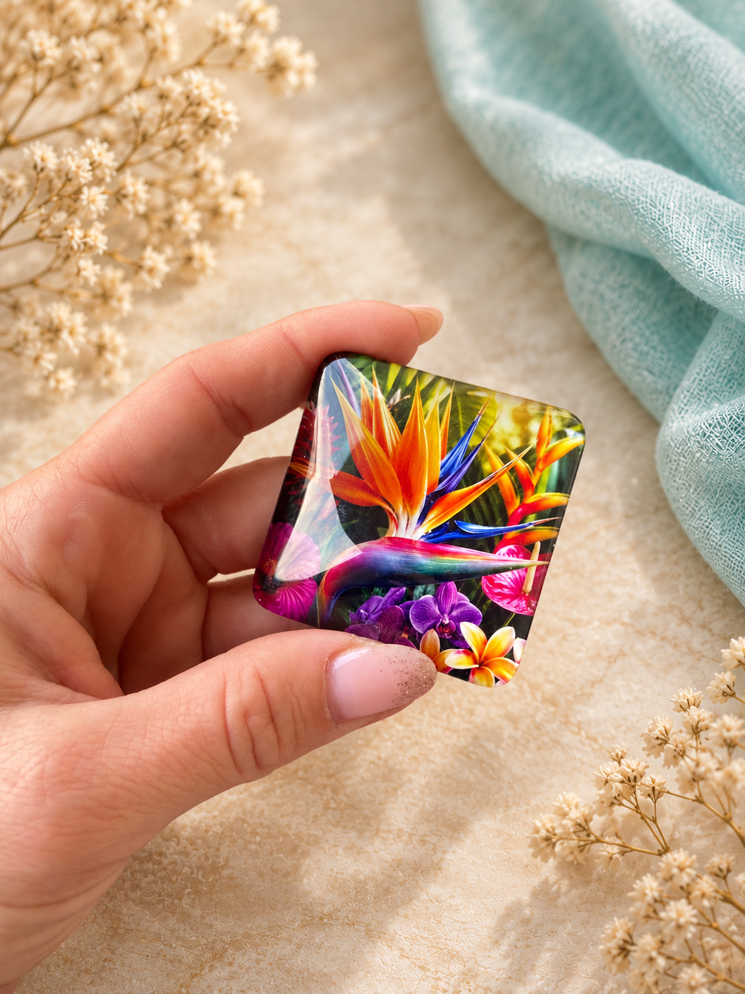 Coverminder Sogno di fiori tropicali in mano su sfondo crema con tessuto turchese
