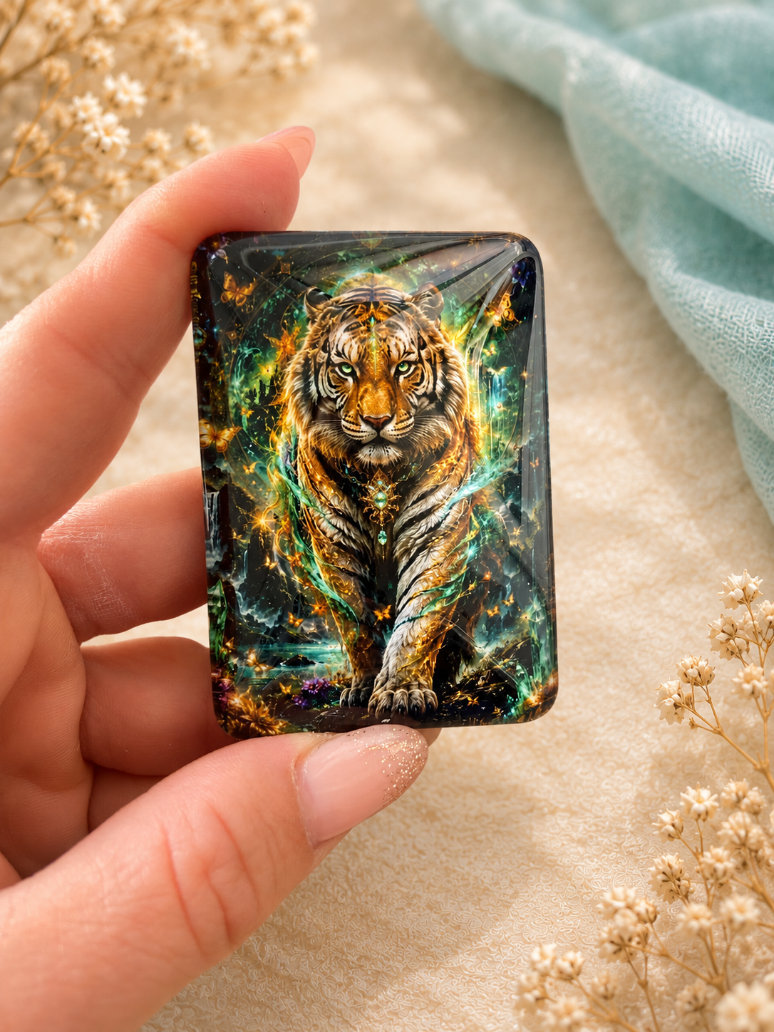 Coverminder Tiger in Türkis & Gold in der Hand vor cremefarbenem Hintergrund mit türkisem Stoff