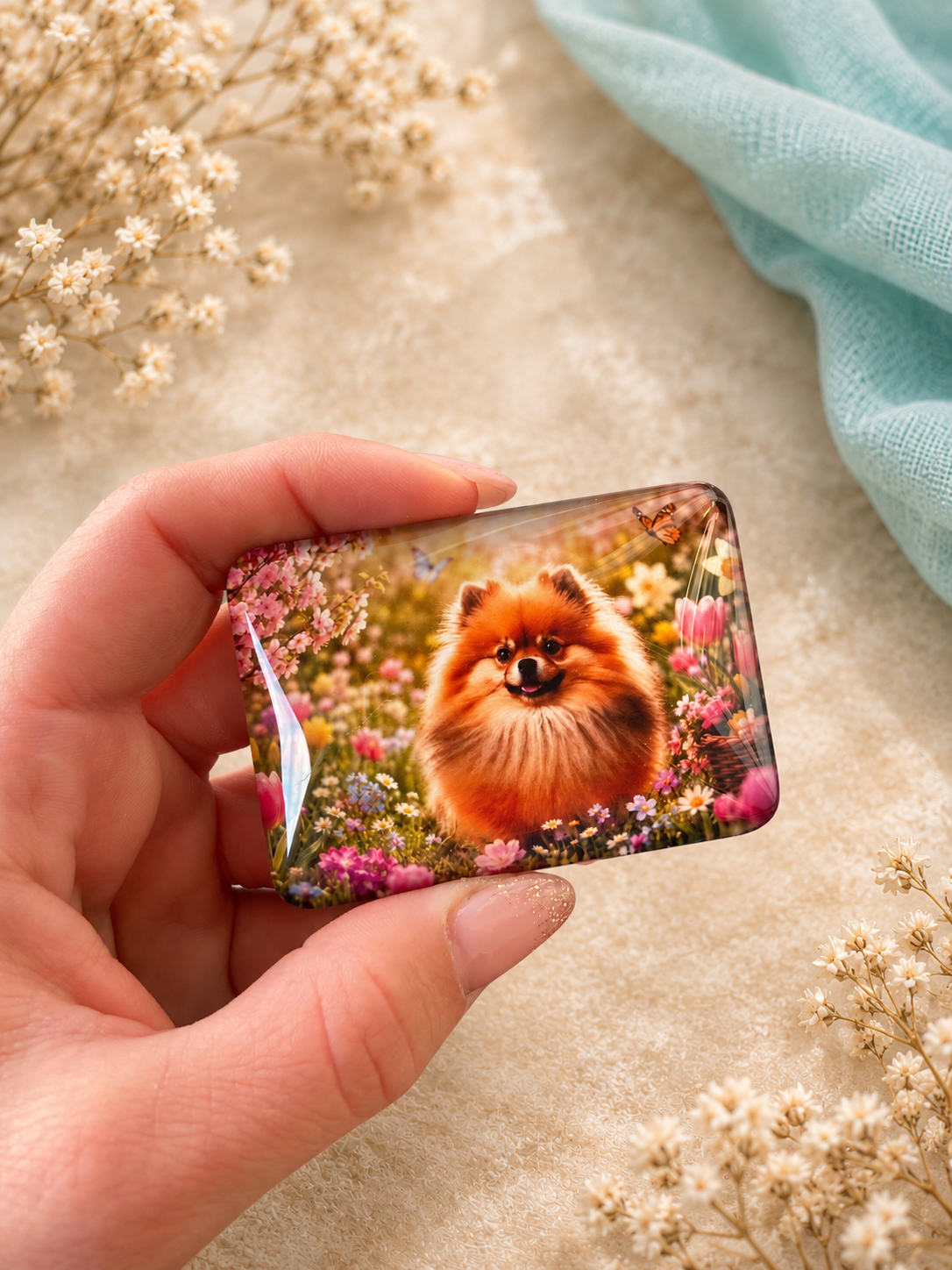 Coverminder Pomerania tra i fiori in mano su sfondo crema con tessuto turchese