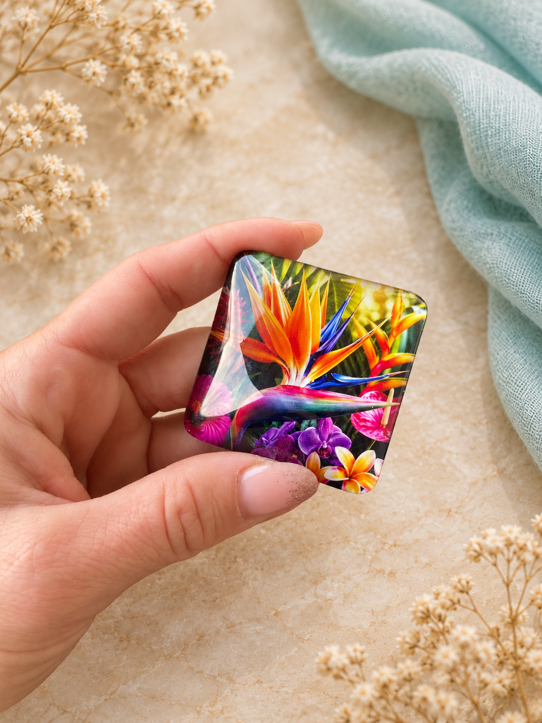 Coverminder Sogno di fiori tropicali in mano su sfondo crema con tessuto turchese