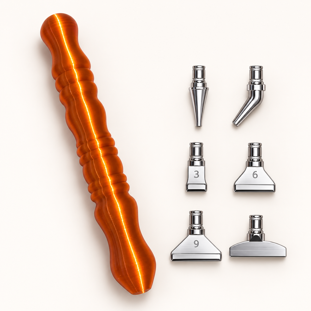 Digitale Produktdarstellung: kupferfarbener 3D-Druck-Diamond-Painting-Stift mit sechs Metallaufsätzen