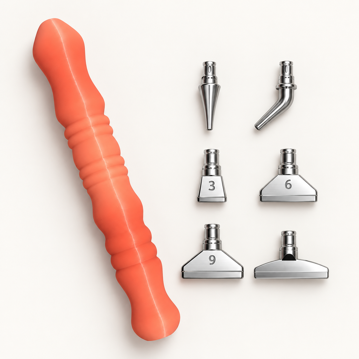 Digitale Produktdarstellung: korallfarbener 3D-Druck-Diamond-Painting-Stift mit sechs Metallaufsätzen