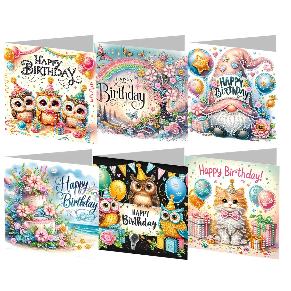 Sei biglietti di compleanno Diamond Painting Allegria colorata con gufi, arcobaleno, fiori, gnomo e gatto