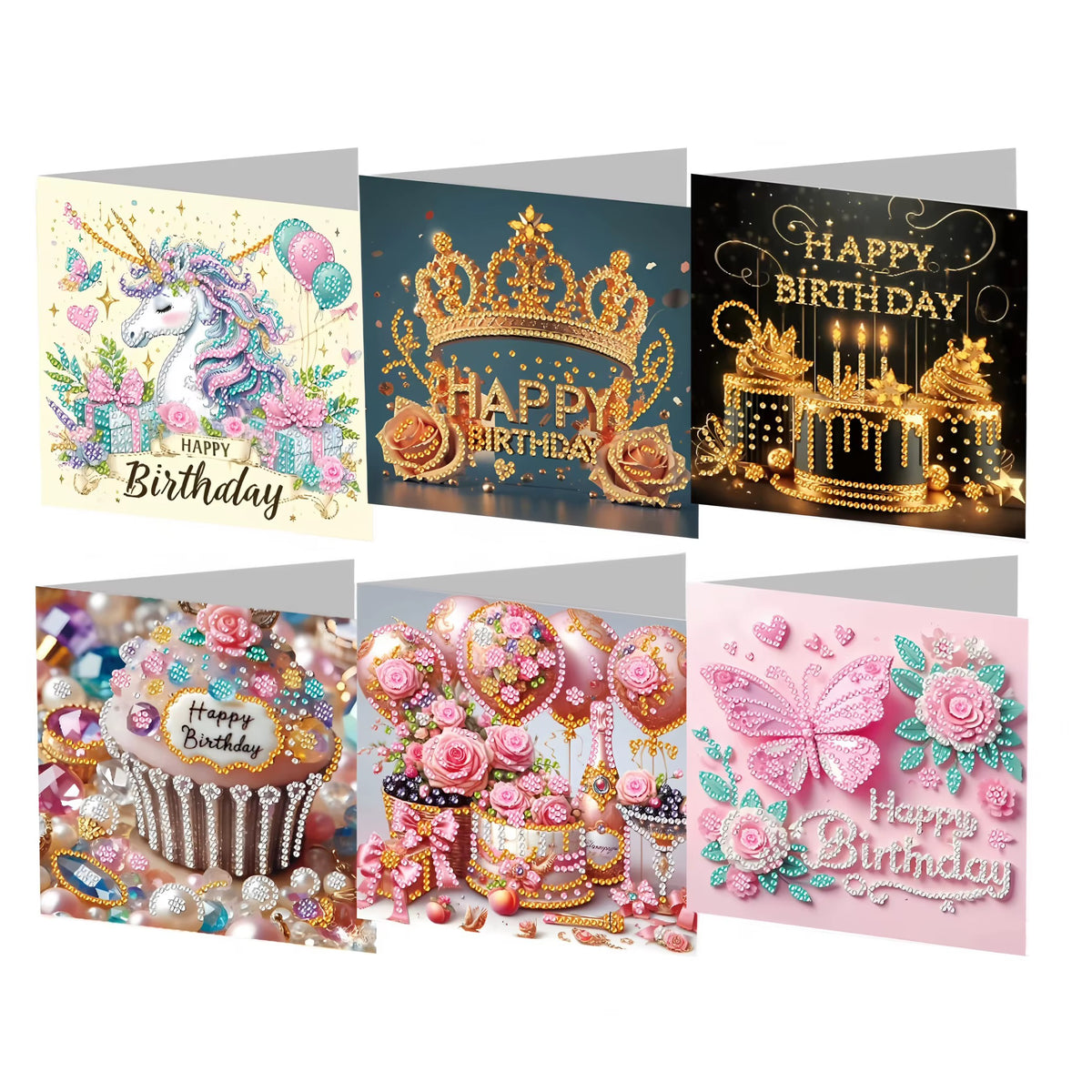 Sei biglietti di compleanno Diamond Painting Auguri festosi con unicorno, corona, torte, palloncini e farfalla