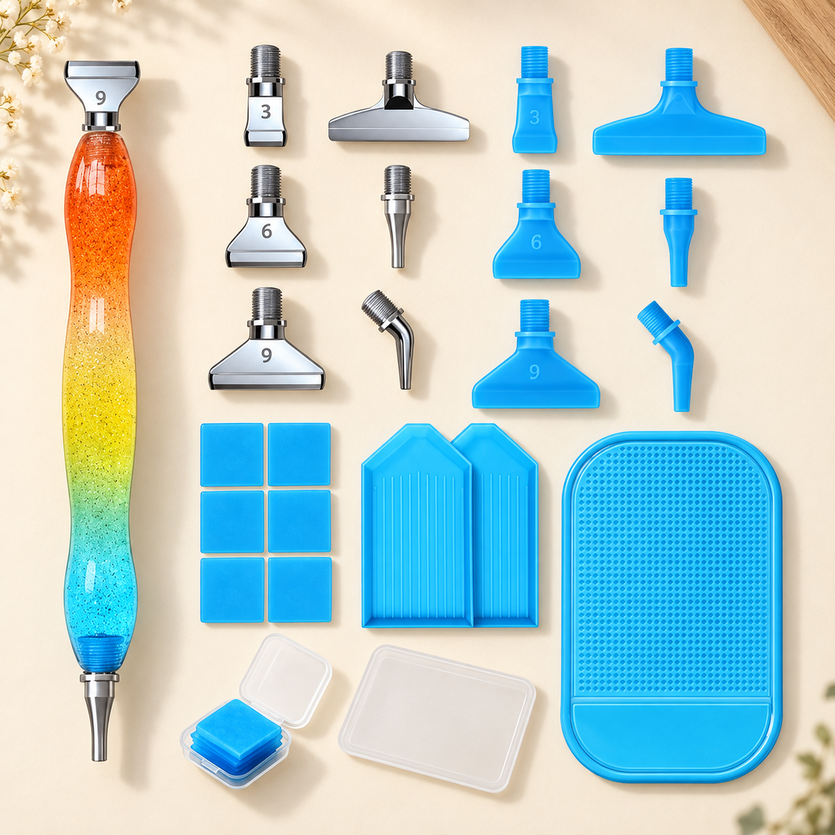 Diamond Painting Harzstift-Set in Orange und Türkis mit Metallaufsätzen, Schiffchen, Wachs und Antirutschmatte