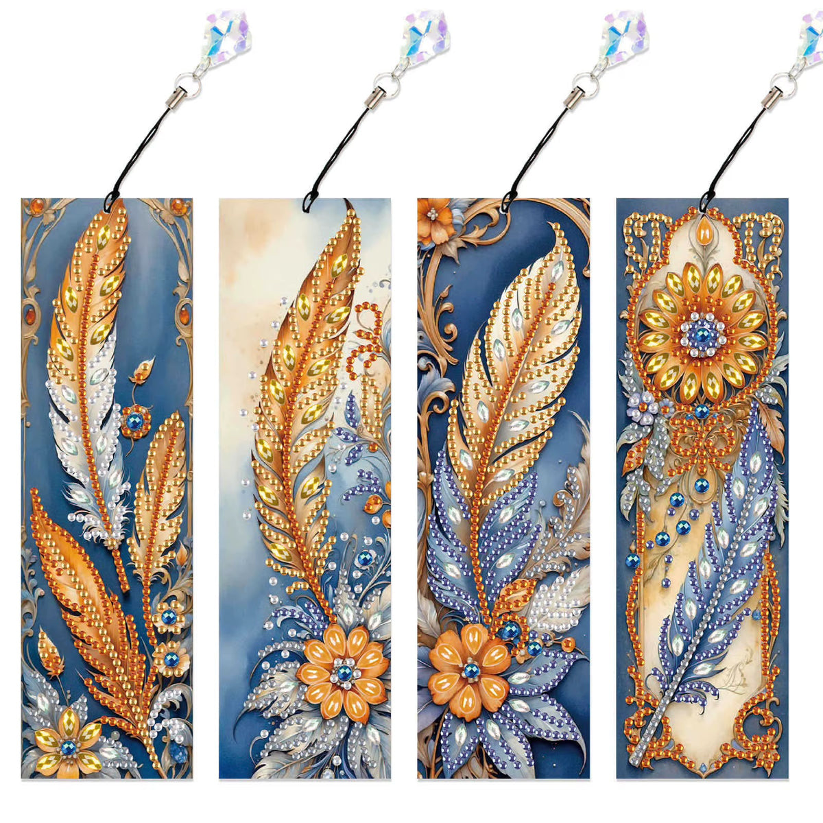 Quattro segnalibri Diamond Painting Piume in blu e oro con fiori e pendenti – Anteprima con diamantine applicate