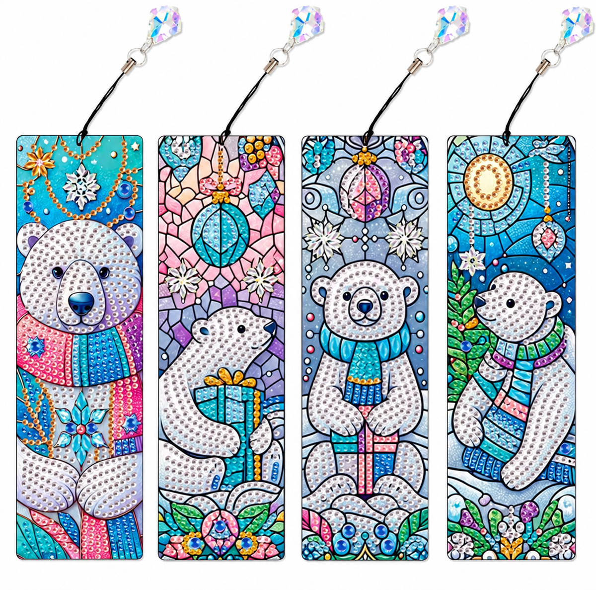 Quattro segnalibri Diamond Painting Amici d'inverno con orsi polari e soggetti invernali – Anteprima con diamantine applicate