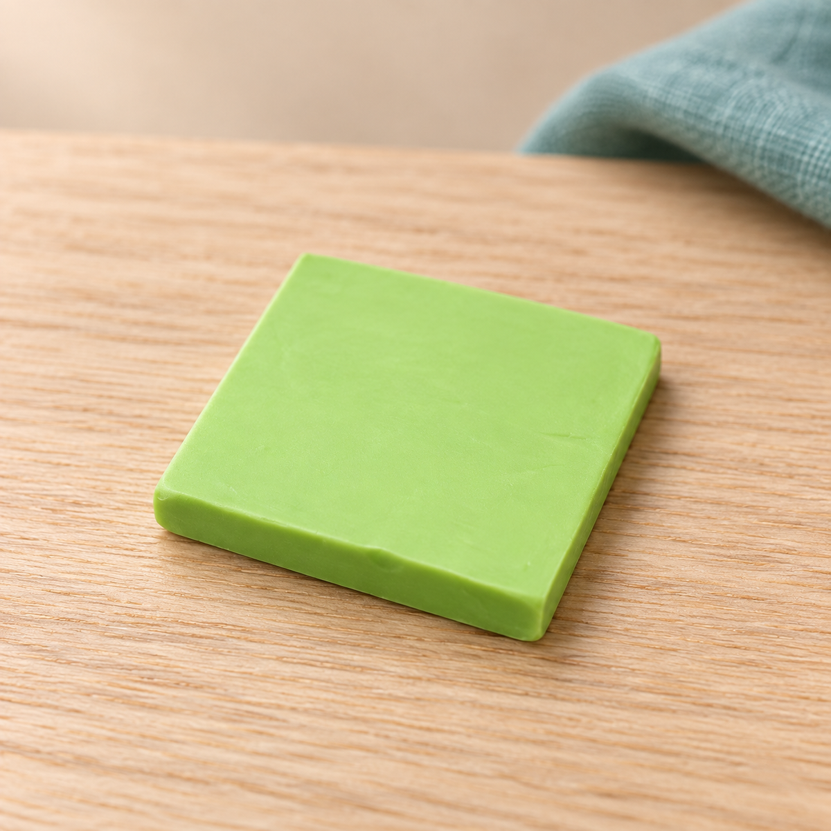 Grünes Diamond-Painting-Putty mit Apfelduft auf hellem Holz.