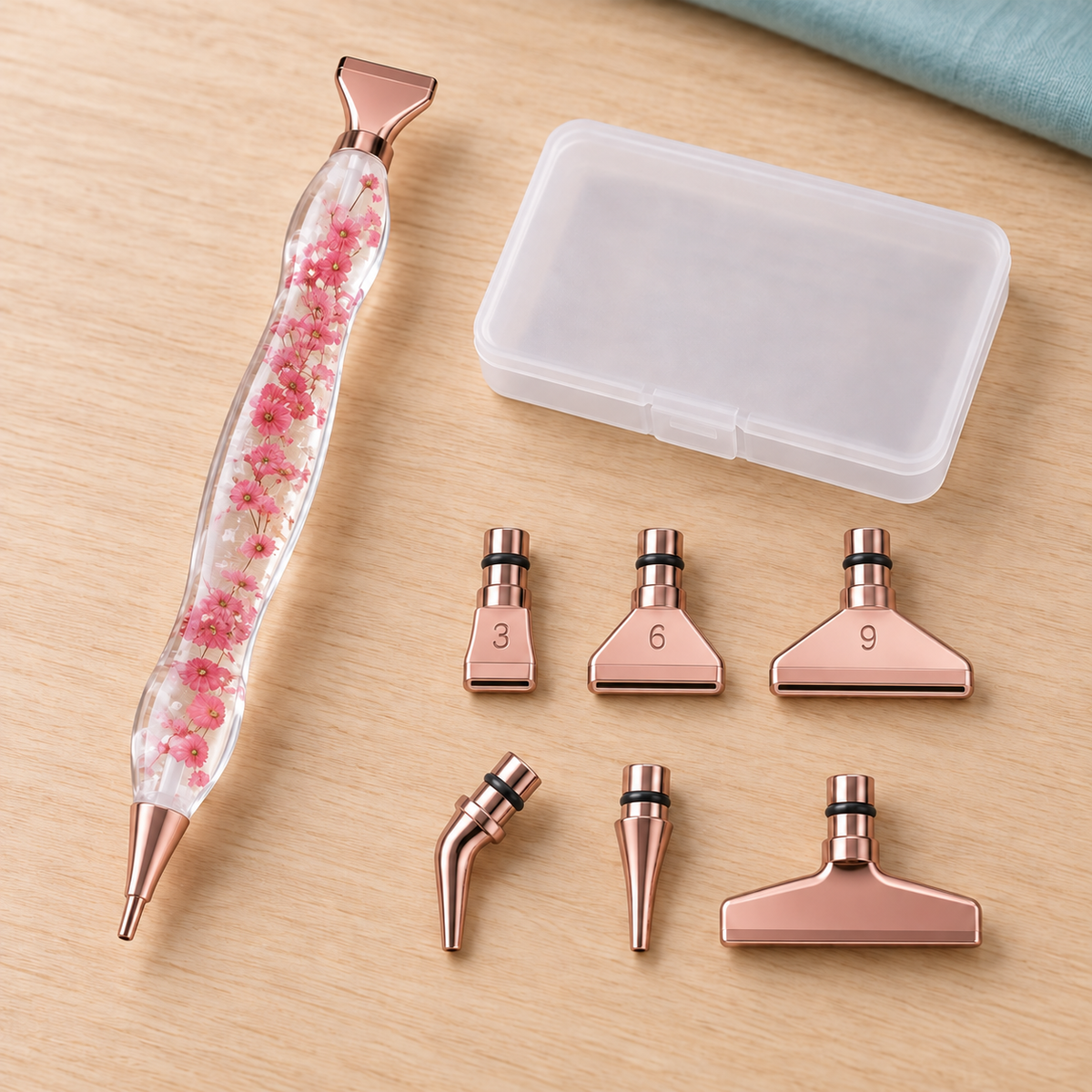 Diamond-Painting-Stift Blütenzauber Rosa mit Blütendesign, roségoldfarbene Metallaufsätze und Aufbewahrungsbox.